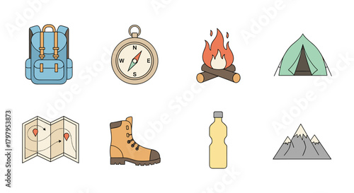 Essential camping icons set featuring backpack, compass, tent, and more for outdoor adventure enthusiasts