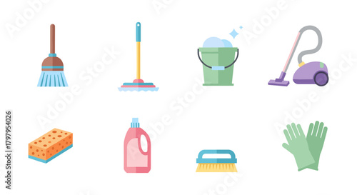 House cleaning tools set: broom, mop, vacuum, and more in flat style