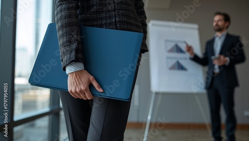 Business Professional Carrying Blue Folders During a Presentation in a Modern...