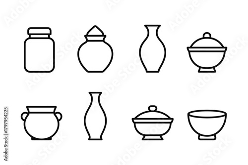 Minimalist outline set of various ceramic jars and vases