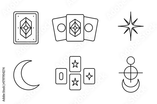Mystical tarot card and celestial symbols in minimalistic line art style