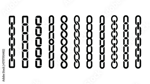 Collection of diverse black chain link styles and patterns on a crisp background, illustrating concepts of connection, strength, and security for design elements
