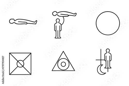 Abstract geometric line art with human figures and shapes in minimalist style