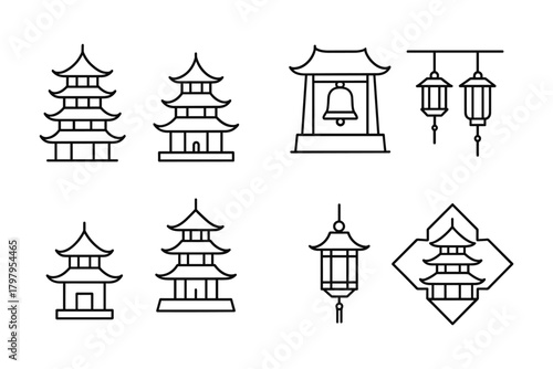 Minimalist outline of asian pagodas and lanterns
