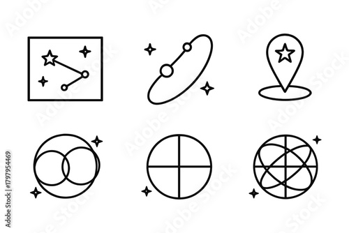 Minimalistic space icons: constellation, orbit, star map, and astronomy symbols in linear style