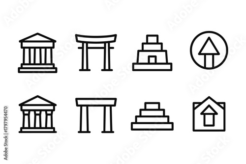 Minimalist outline icons of ancient architecture and cultural landmarks