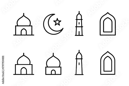 Minimalist islamic cultural icons featuring mosques, crescent, star, and arches