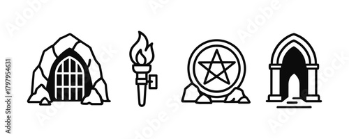 Fantasy adventure icons: cave, torch, pentagram, archway in linear art