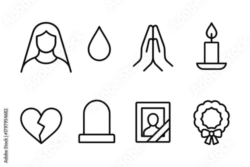 Minimalist funeral icons: memorial, mourning, and remembering in simple lines
