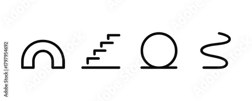 Minimalist geometric symbols: arch, stairs, circle, and wave in linear style