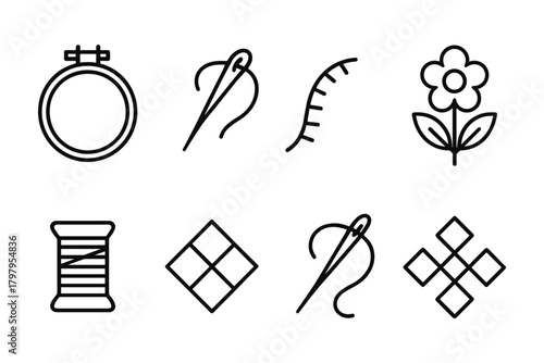 Embroidery and sewing line art icons: needle, thread, stitch, and craft patterns