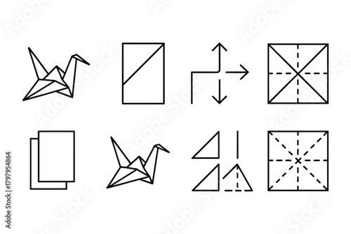 Origami crane line icons set with folding instructions and symbols