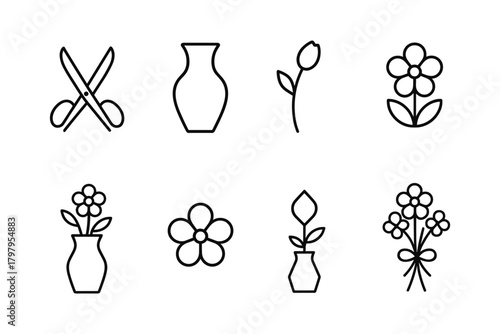 Minimalist floral icons: scissors, vases, flowers, and bouquets