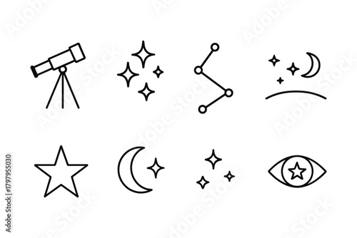 Minimalist celestial symbols set: stars, moons, and constellations in linear style