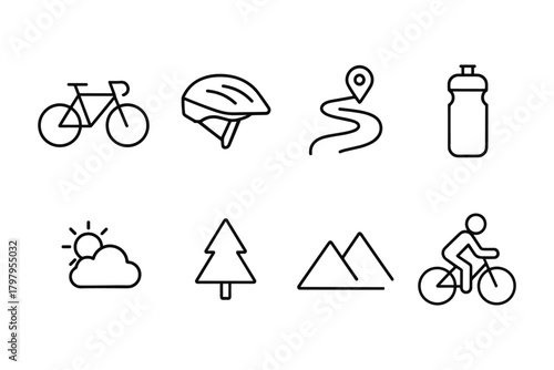 Linear icons of cycling gear and nature for outdoor enthusiasts