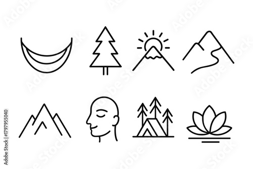 Minimalist nature and tranquility icons for wellness and outdoor adventures