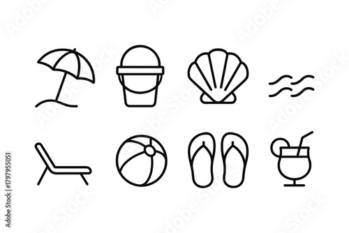 Beach essentials icons in simple linear style for summer themes