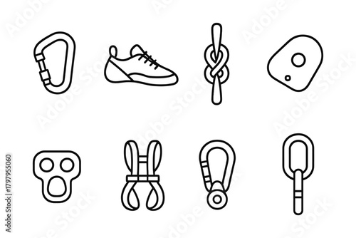 Minimalist outline icons of climbing gear for adventure enthusiasts