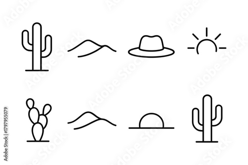 Minimalist linear desert icons with cacti, sun, and mountains