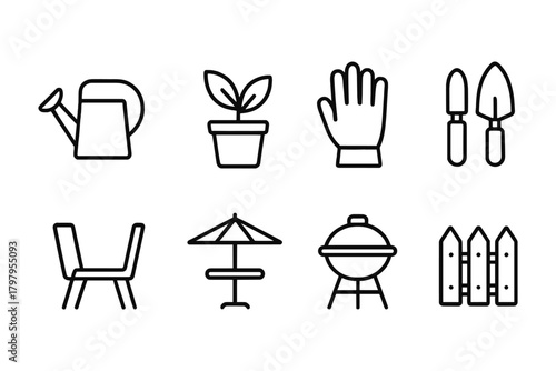 Gardening tools and furniture icons: modern line art for outdoor design