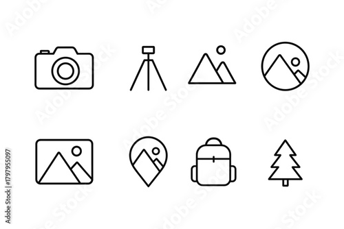 Minimalist outdoor photography and adventure icons set