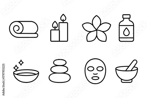 Minimalist spa icons set featuring candles, flower, essential oil, and more