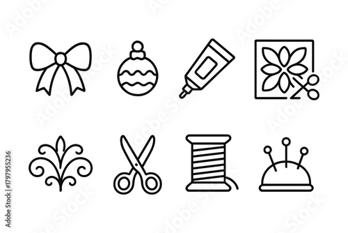 Linear craft icons: bow, ornament, glue, embroidery, scroll, scissors, thread, pin cushion
