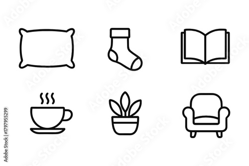 Minimalist icons of home comfort: pillow, sock, book, coffee, plant, armchair
