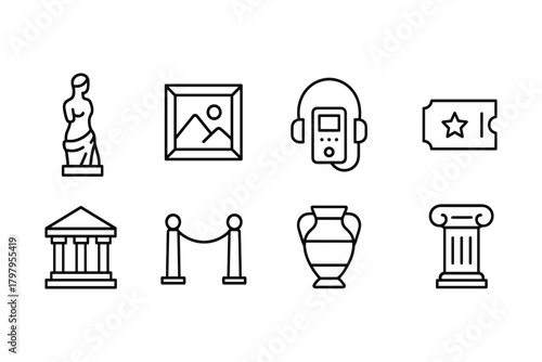 Museum and art icon set: gallery, sculpture, headphones, ticket, column, vase, building