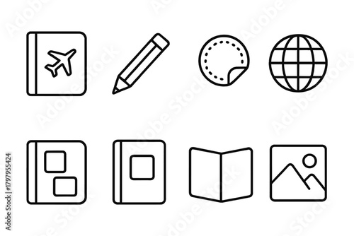 Travel icons set: passport, pencil, globe, photo album in linear design