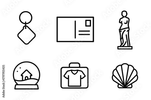 Minimal travel icons collection: souvenirs, postcards, and landmarks in linear style