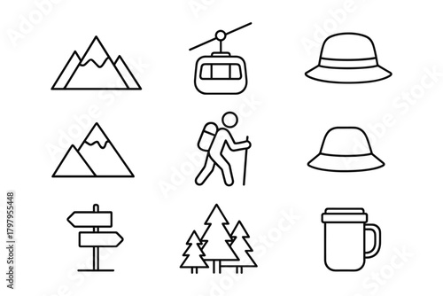 Minimalist hiking icons: adventure, nature, and outdoor enthusiast essentials