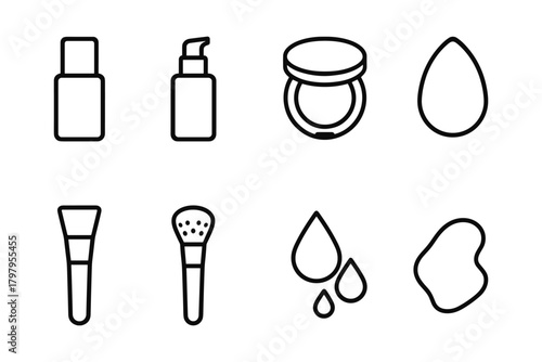 Minimalist beauty icons set featuring makeup tools and products in linear style
