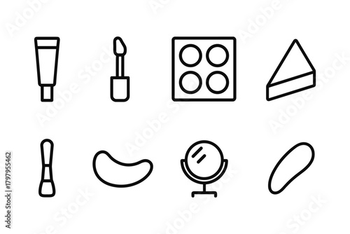 Minimalist makeup icon set featuring lipstick, mirror, and eyeshadow in linear style