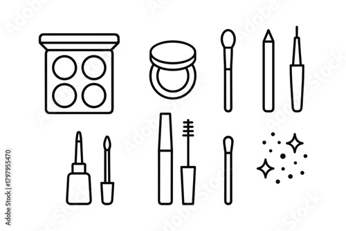 Minimalist line art makeup collection: eye shadow, brushes, lipstick, and more