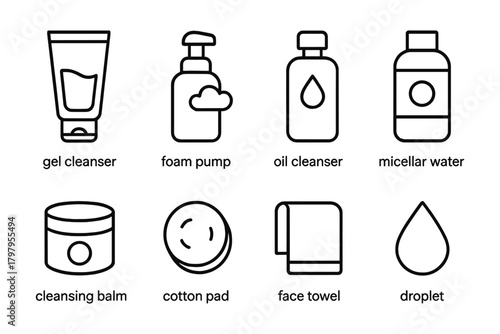 Minimalist skincare icons: cleanser, foam, cotton pad, towel, droplet designs