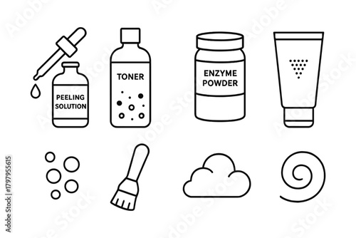 Skincare line art icons with minimalist bottles and beauty essentials