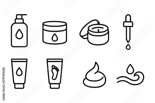 Minimalist cosmetic icons: linear skincare and beauty containers collection