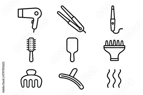 Minimalist hair styling tools set: linear icons of dryers, brushes, and accessories