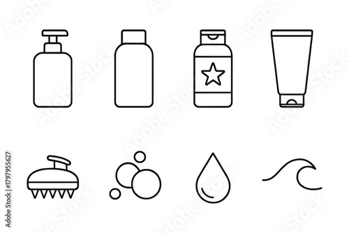 Minimalist outline icons of personal care and hygiene products