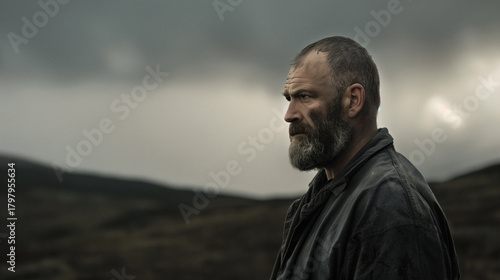 AI. Contemplative serious mature man in mountain area