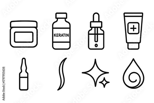 Essential hair care icons set: keratin, serum, and styling symbols in linear style
