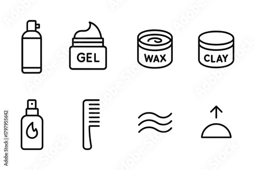 Linear icons of hair products and tools for styling and grooming
