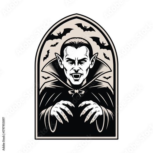 Gothic vampire with bats and arched window dracula