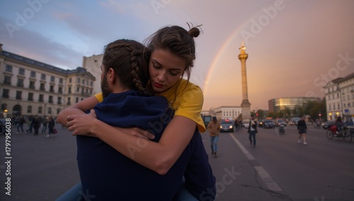Couple Embraces in the City as a Rainbow Appears After Rain at Sunset