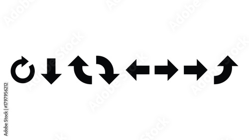 Collection of diverse black arrow icons illustrating various directions, actions, navigation, and user interface commands on a clean backdrop.