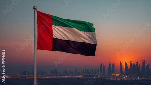 Sunset View of United Arab Emirates Flag Over Skyline With Buildings and Vibr...