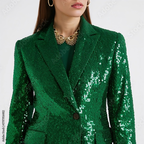 Elegant Green Sequined Blazer Worn With a Statement Necklace for a Stylish Ev...