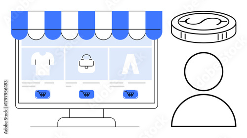 Online store interface with clothing options, shopping cart buttons, user icon, and coin. Ideal for e-commerce, retail, online stores, digital currency, customer interaction shopping experience