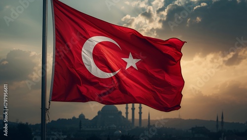 Turkish Flag Waving in the Foreground With Mosque Silhouette at Sunset in Ist...